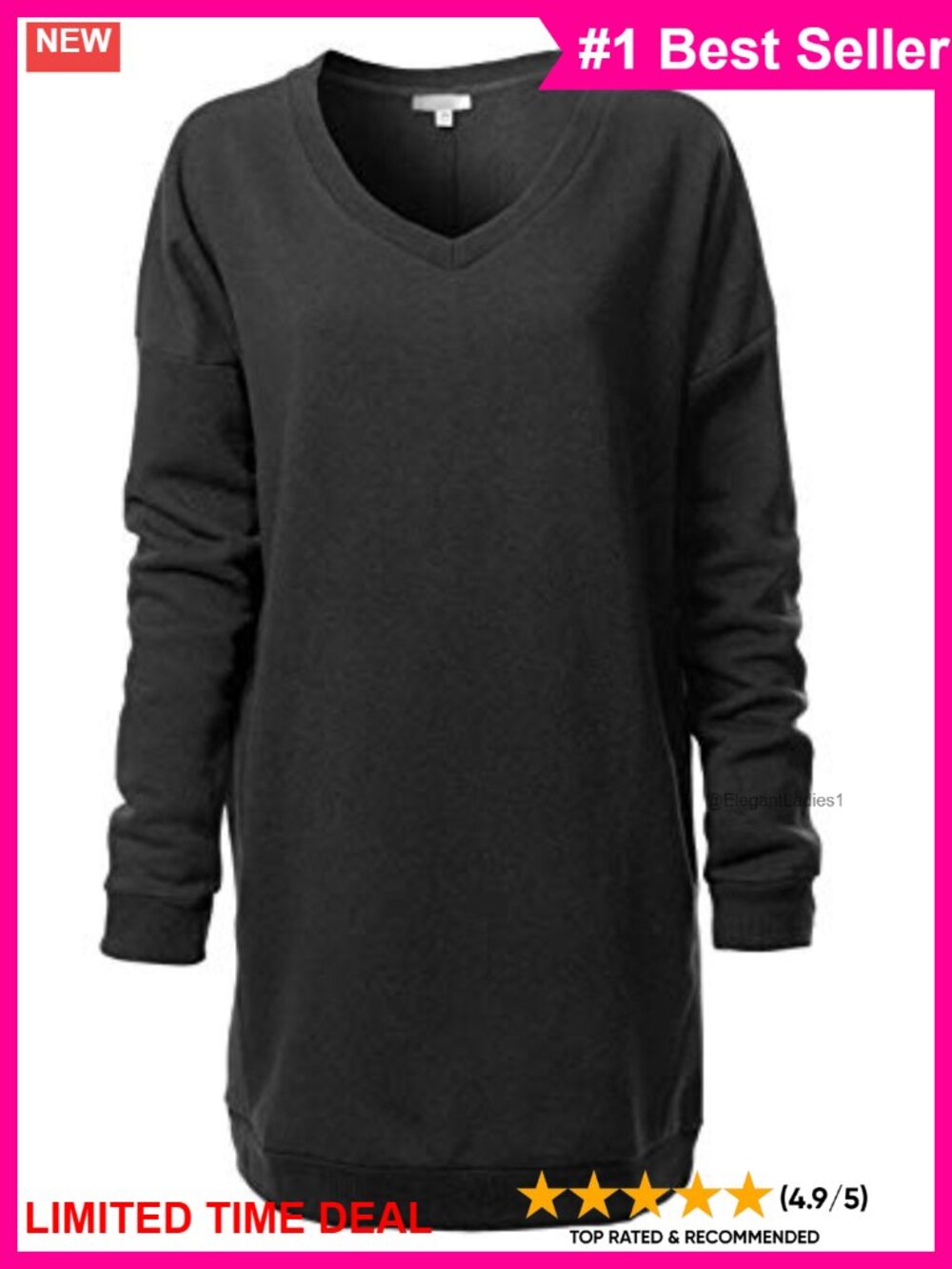 Oversized V-Neck Fleece Sweatshirt Tunic Pullover with Side Pockets